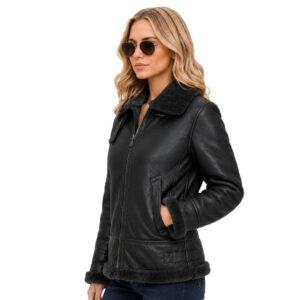 Womens B3 Bomber Hooded Classic RAF Sheepskin Leather Jacket Aviator WW2 Faux Fur Warm Winter Leather Jacket