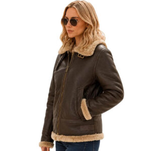 Womens B3 Bomber Hooded Classic Sheepskin Jacket Aviator WW2 Faux Fur Warm Winter Leather Jacket
