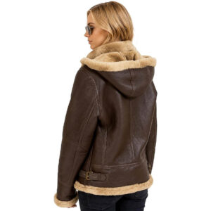 Womens B3 Bomber Hooded Leather Jacket Aviator WW2 Faux Fur Warm Winter Leather Jacket