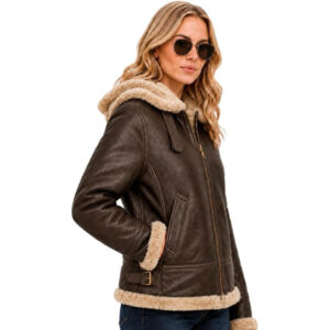 Womens B3 Bomber Hooded Sheepskin Leather Jacket Aviator WW2 Faux Fur Warm Winter Leather Jacket