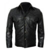 Double Flapped Pockets Black Leather Jacket