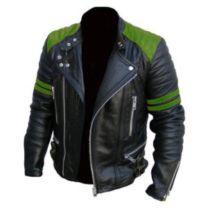 Men's Biker Black Green Leather Jacket