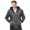 Men’s Black Leather Hooded Jacket – Bomber Style with Fleece Hood