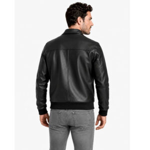 Men's Leather Bomber Jacket with Shirt Collar and Ribbed Cuffs