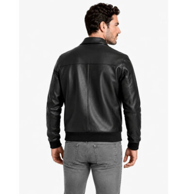 Men's Leather Bomber Jacket with Shirt Collar and Ribbed Cuffs