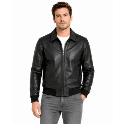 Men's Leather Bomber Jacket with Shirt Collar and Ribbed Cuffs