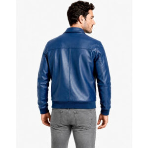 Men's Leather Bomber Jacket with Shirt Collar and Ribbed Cuffs