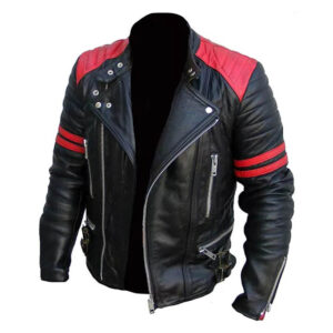 Men's Red Stripes Black Leather Jacket