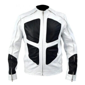 Mens White and Black Biker Style Leather Jacket