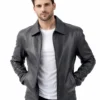 Men's Black Leather Jacket - Simple Zip Front Style
