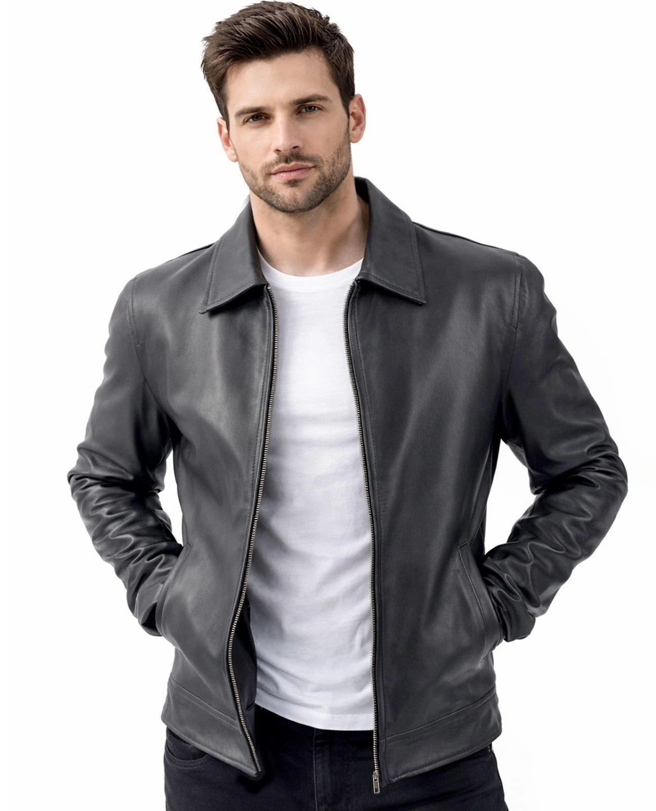 Men's Black Leather Jacket - Simple Zip Front Style Men's Black Leather Jacket - Simple Zip Front Style