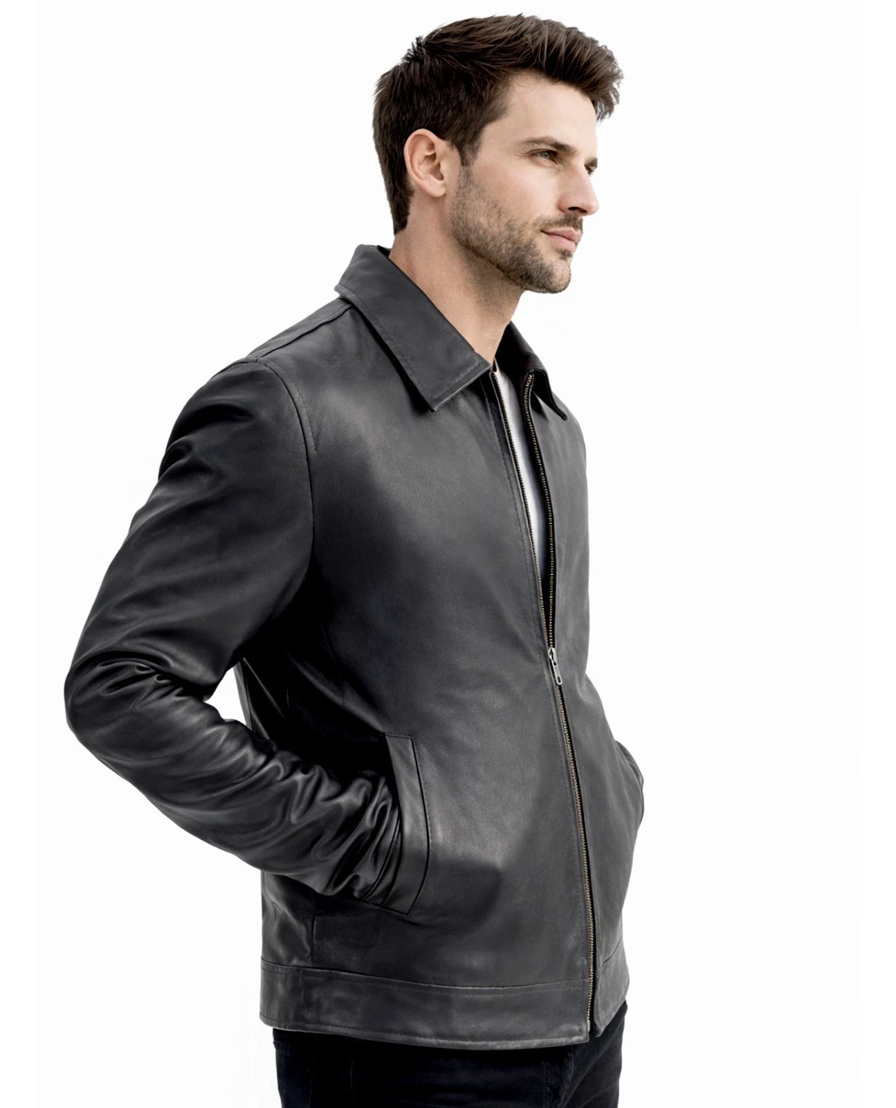 Men's Black Leather Jacket - Simple Zip Front Style Men's Black Leather Jacket - Simple Zip Front Style - Image 3