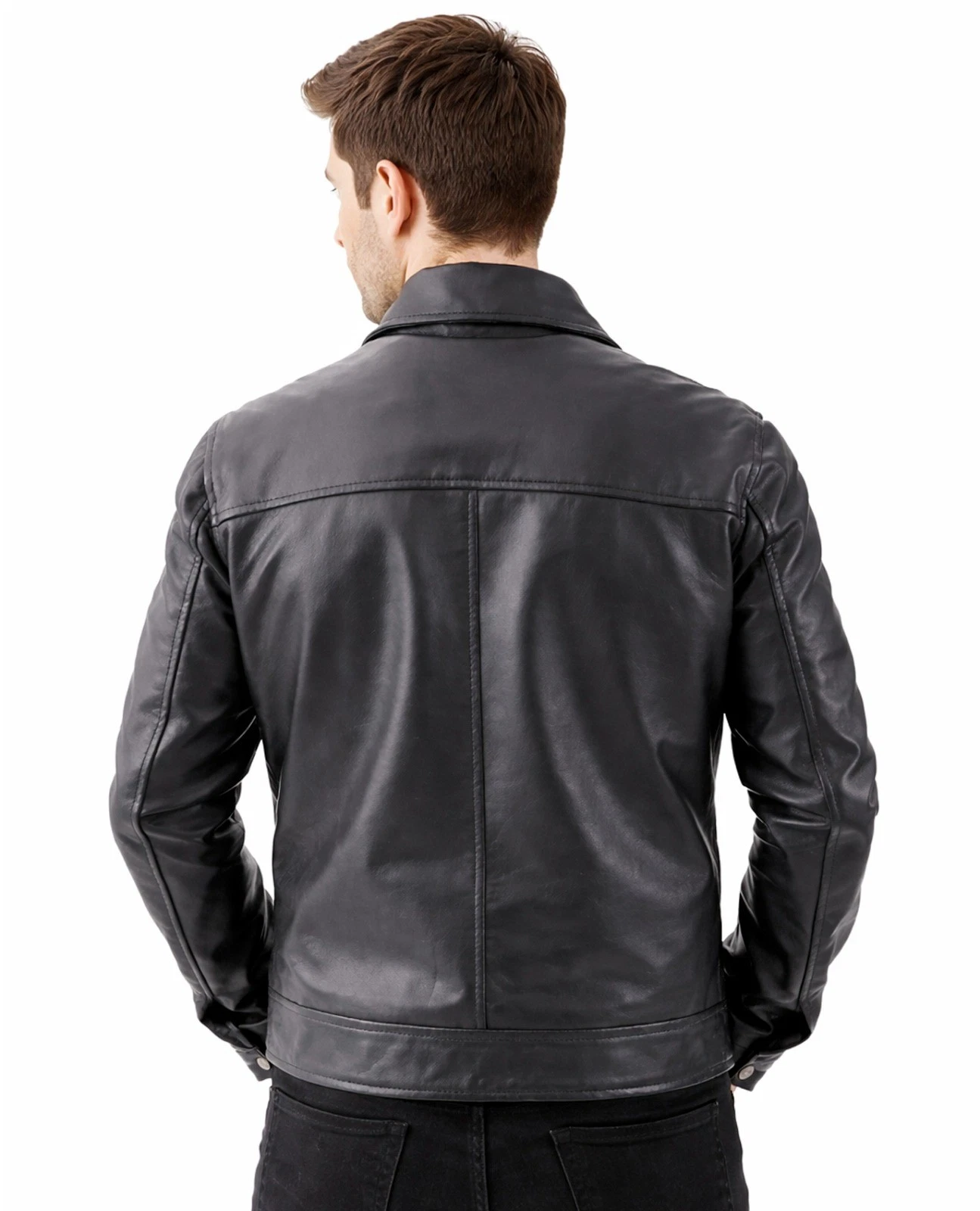 Men's Black Leather Jacket - Simple Zip Front Style Men's Black Leather Jacket - Simple Zip Front Style - Image 4