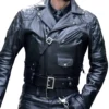 Men's Black Leather Cropped Biker Jacket with Harness Strap