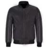 Men's Black Leather Bomber Jacket - Ribbed Collar & Cuffs