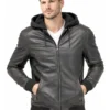 Men's Black Leather Hooded Jacket - Bomber Style with Fleece Hood