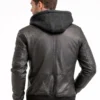Men's Black Leather Hooded Jacket - Bomber Style with Fleece Hood