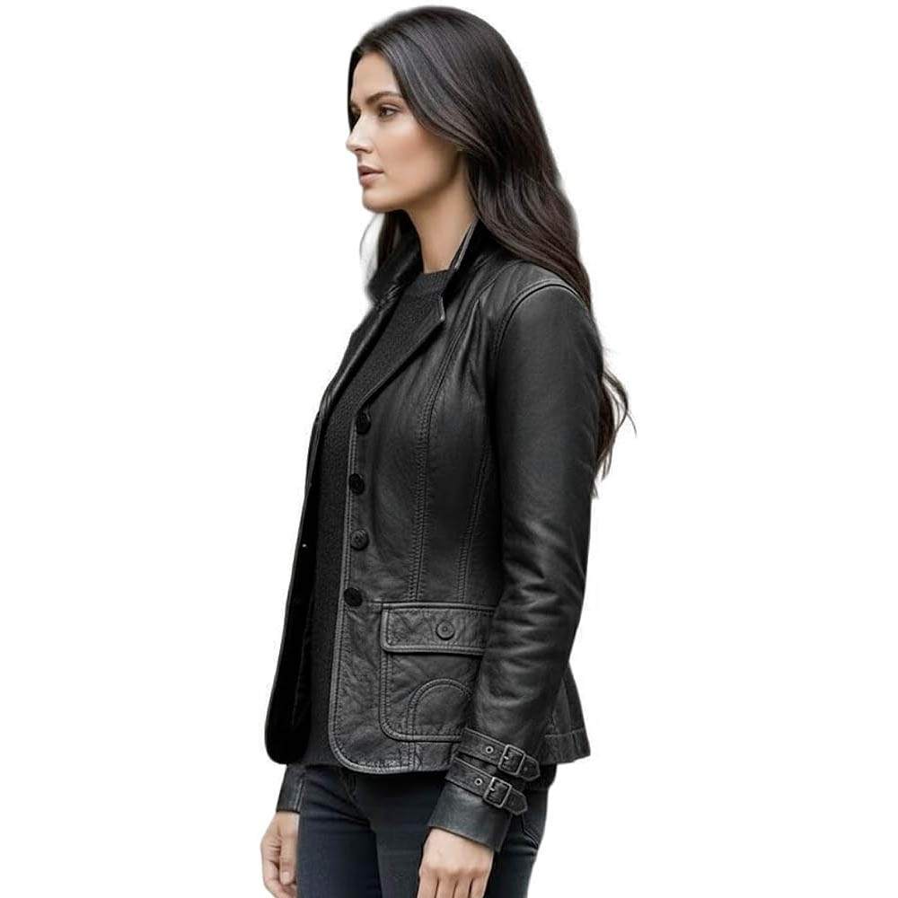 Women's Genuine Black Sheep Leather Biker Jacket Women's Genuine Black Sheep Leather Biker Jacket - Image 4