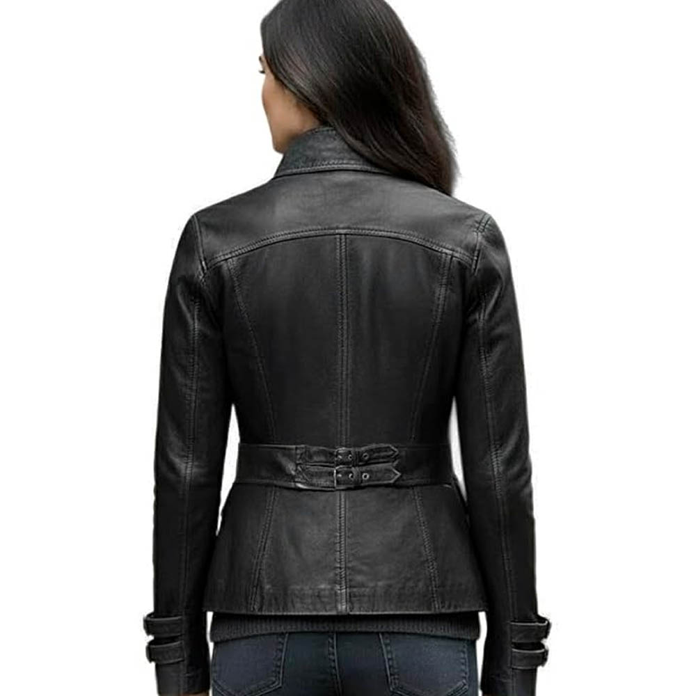 Women's Genuine Black Sheep Leather Biker Jacket Women's Genuine Black Sheep Leather Biker Jacket - Image 3