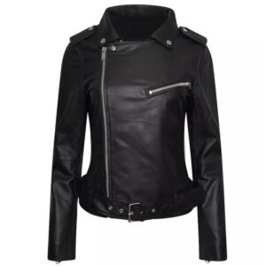 Womens Retro Black Leather Biker Jacket