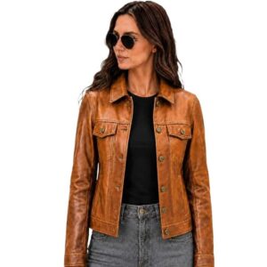 Alternative view of Women's Black Leather Trucker Jacket Classic Fitted Style