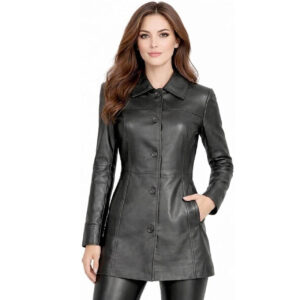 Womens Genuine Leather Button Front Coat