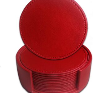 Faux leather round Coasters with cover pack of 6 for table and bars Red