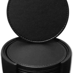 Faux leather round Tea Coasters with cover pack of 6 for Dinner table and bars Black