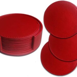 Faux leather round Tea Coasters with cover pack of 6 for Dinner table and bars Red
