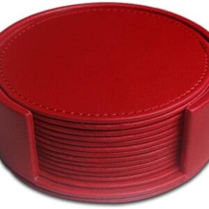 Faux leather round Tea Coasters with cover pack of 6 for table and bars Red
