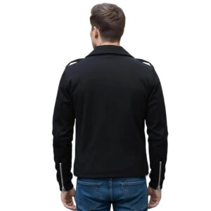 Men’s Black Cotton Biker Jacket Slim Fit Motorcycle Brando Style Cross Zip Closure Cafe Racer Coat