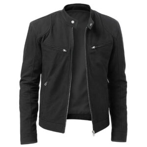 Men’s Black Cotton Classic Style Slim Fit Coat Casual Motorcycle Vintage Cafe Racer Zip up Jacket