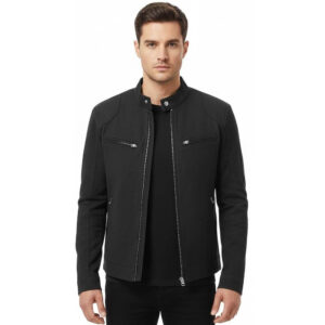 Black Cafe Racer Cotton Jacket For Men