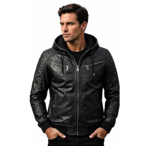 Alternative view of Men's Leather Winter Jacket with Hood Biker Style