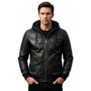 Men's Leather Winter Jacket with Hood Biker Style