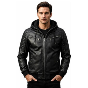 Clara Leather Jackets Men's Leather Winter Jacket with Hood Biker Style