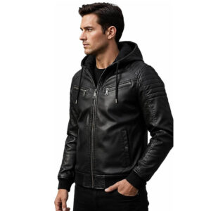 Mens Black Leather Jacket with Hood Real Leather Style Zip Up Coat Genuine Sheepskin Slim Fit Casual Winter Jacket for Men 1