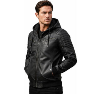 Mens Black Leather Jacket with Hood Real Leather Up Coat Genuine Sheepskin Slim Fit Casual Winter Jacket for Men 1