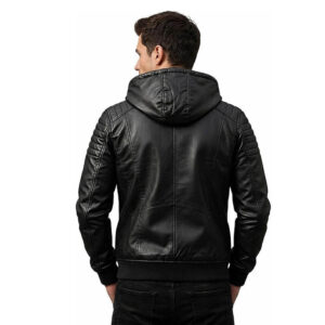 Mens Black Leather Jacket with Hood Real Leather Up Sheepskin Slim Fit Casual Winter Jacket for Men 1