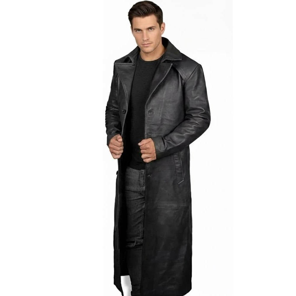 Mens Leather Full Length Trench Coat Mens Leather Full Length Trench Coat - Image 2