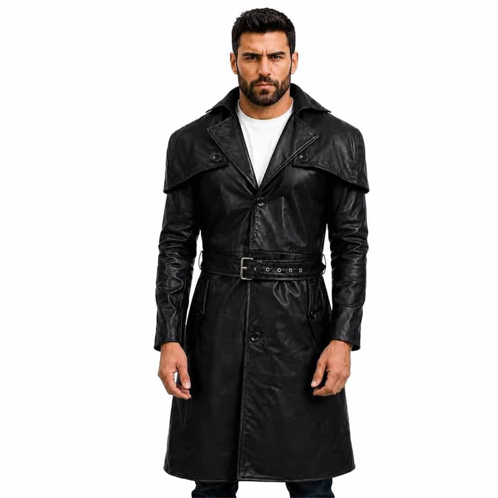 Men's Long Leather Trench Coat Cape Collar Men's Long Leather Trench Coat Cape Collar