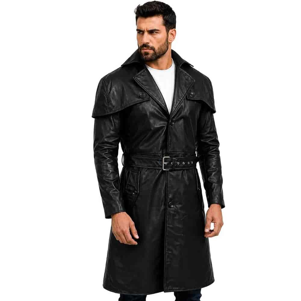 Men's Long Leather Trench Coat Cape Collar Men's Long Leather Trench Coat Cape Collar - Image 4