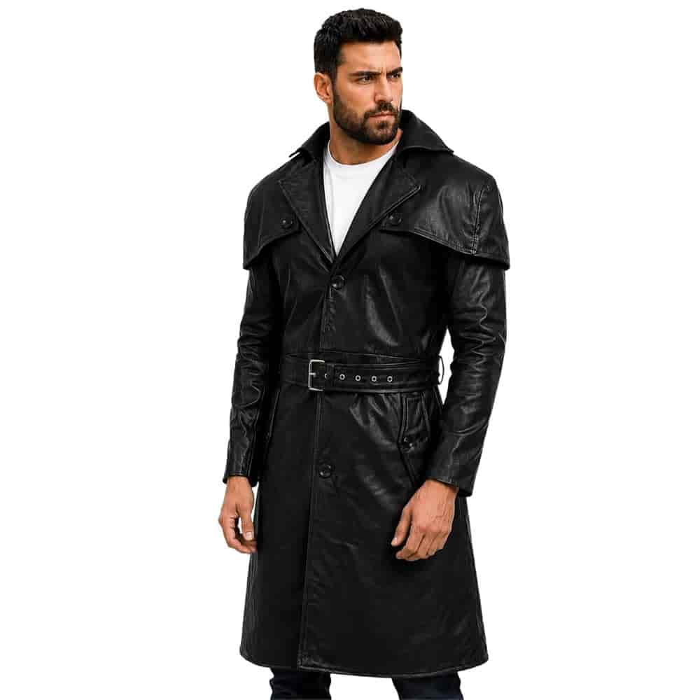 Men's Long Leather Trench Coat Cape Collar Men's Long Leather Trench Coat Cape Collar - Image 2