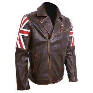 Mens Cafe Racer Brown Jacket Vintage Motorcycle British UK Flag Style Winter Coat