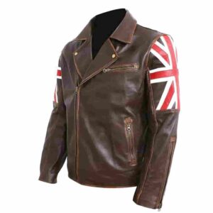 Mens Cafe Racer Jack Distressed Brown Jacket Vintage Motorcycle British UK Flag Style Winter Coat