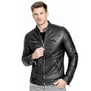 Mens Cafe Racer Real Motorcycle Slim Fit Leather Coat Black 1