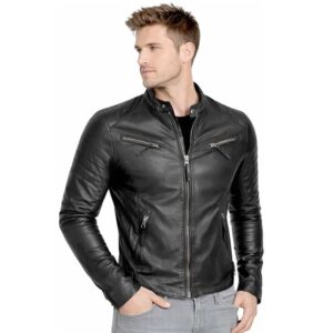 Mens Cafe Racer Real Slim Fit Leather Coat Black 1