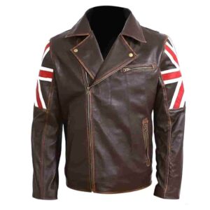 Mens Cafe Racer Union Jack Distressed Brown Jacket Vintage Motorcycle British UK Flag Style Winter Coat
