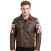 UK Flag Brown Leather Cafe Racer Jacket
