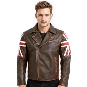 UK Flag Brown Leather Cafe Racer Jacket